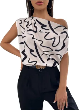 Floerns Women's Printed Asymmetrical Neck Blouse Ruched Elegant Office Work Shirt Top