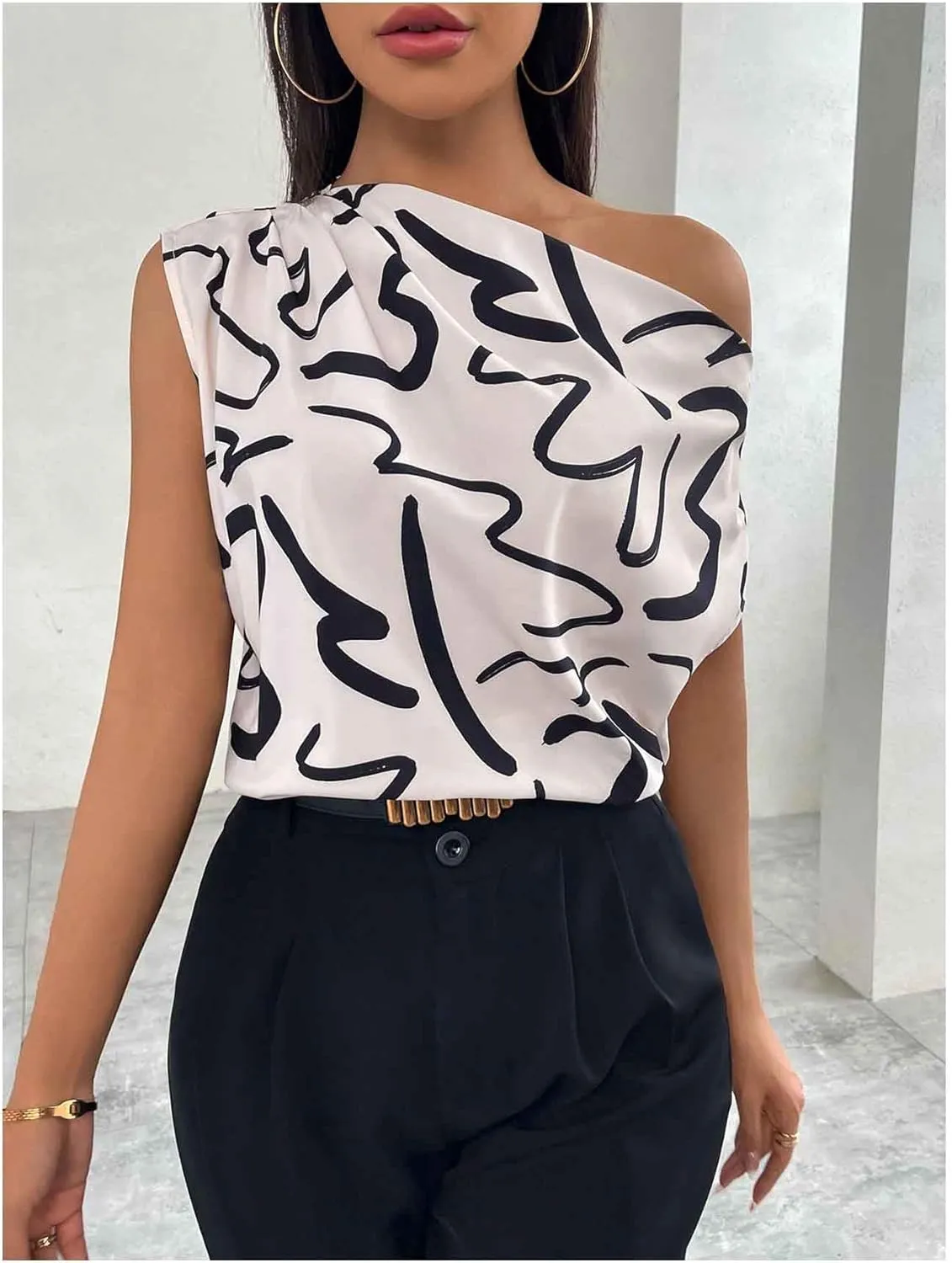 Floerns Women's Printed Asymmetrical Neck Blouse Ruched Elegant Office Work Shirt Top