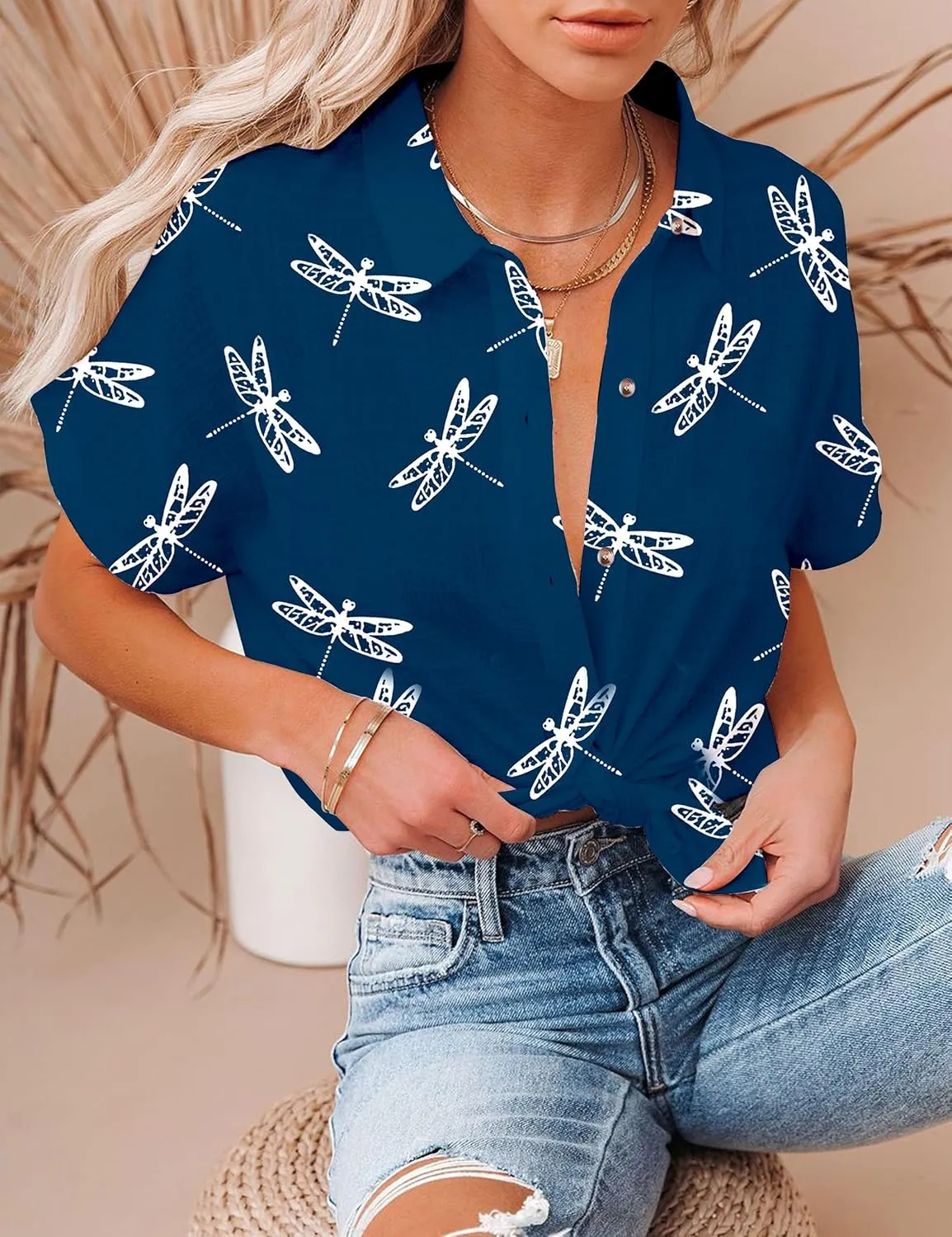 Floral Tops for Women Summer Flower Printed V Neck Tshirts Short Sleeve Tops Dressy Casual