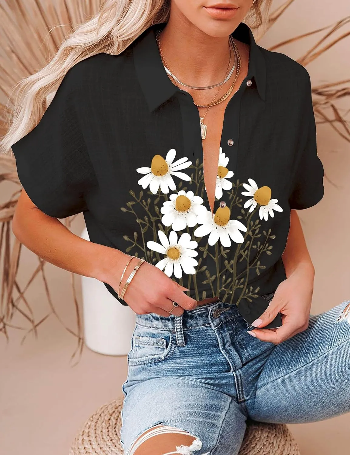 Floral Tops for Women Summer Flower Printed V Neck Tshirts Short Sleeve Tops Dressy Casual