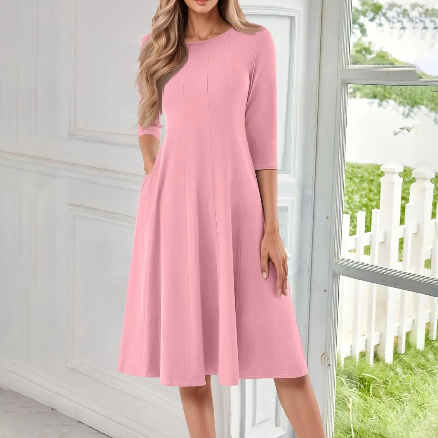Formal Dresses for Women 2025 Winter Summer Spring Midi 3/4 Sleeve Casual Pleated A Line Dresses