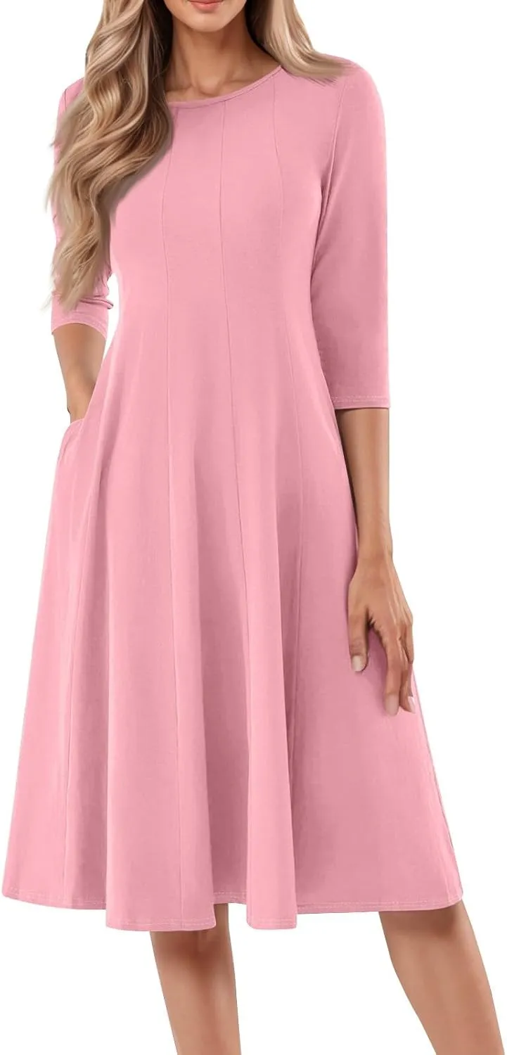 Formal Dresses for Women 2025 Winter Summer Spring Midi 3/4 Sleeve Casual Pleated A Line Dresses
