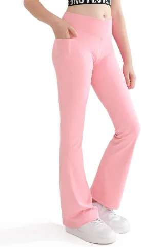 Girls Flare Yoga Leggings Cross High Waisted Dance Cute Activewear Kids Bell Bottoms Pants with Pockets 5-13 Years