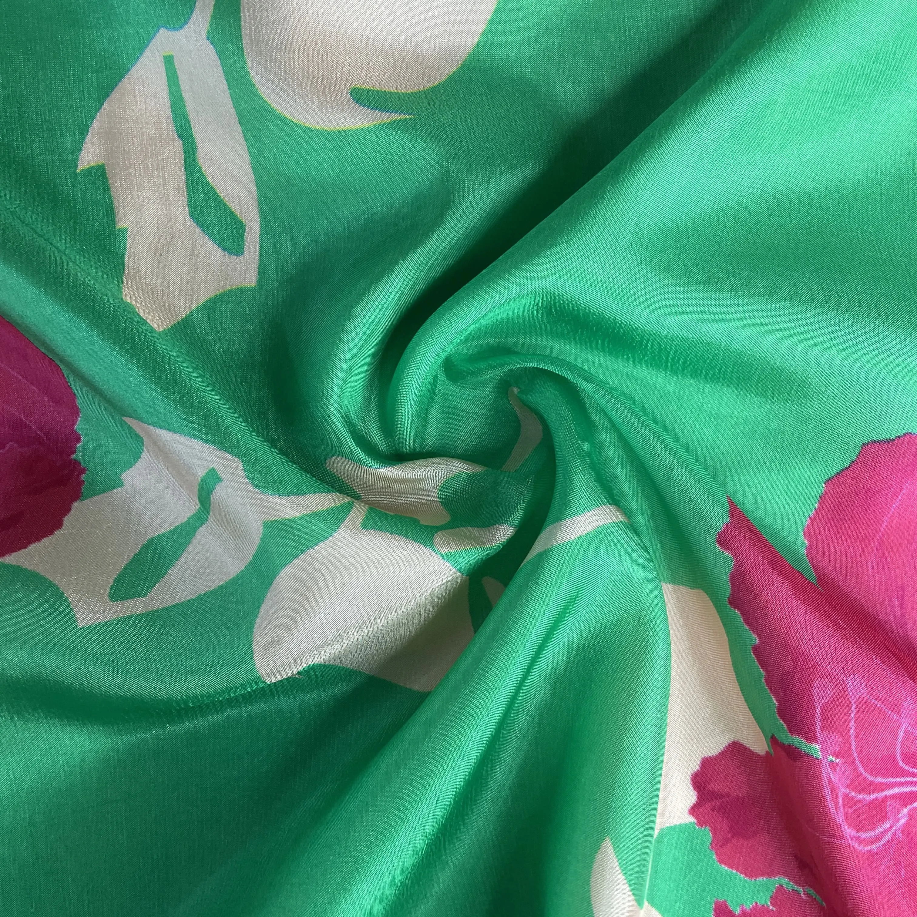 Green Floral Print Upada Silk Fabric 19617