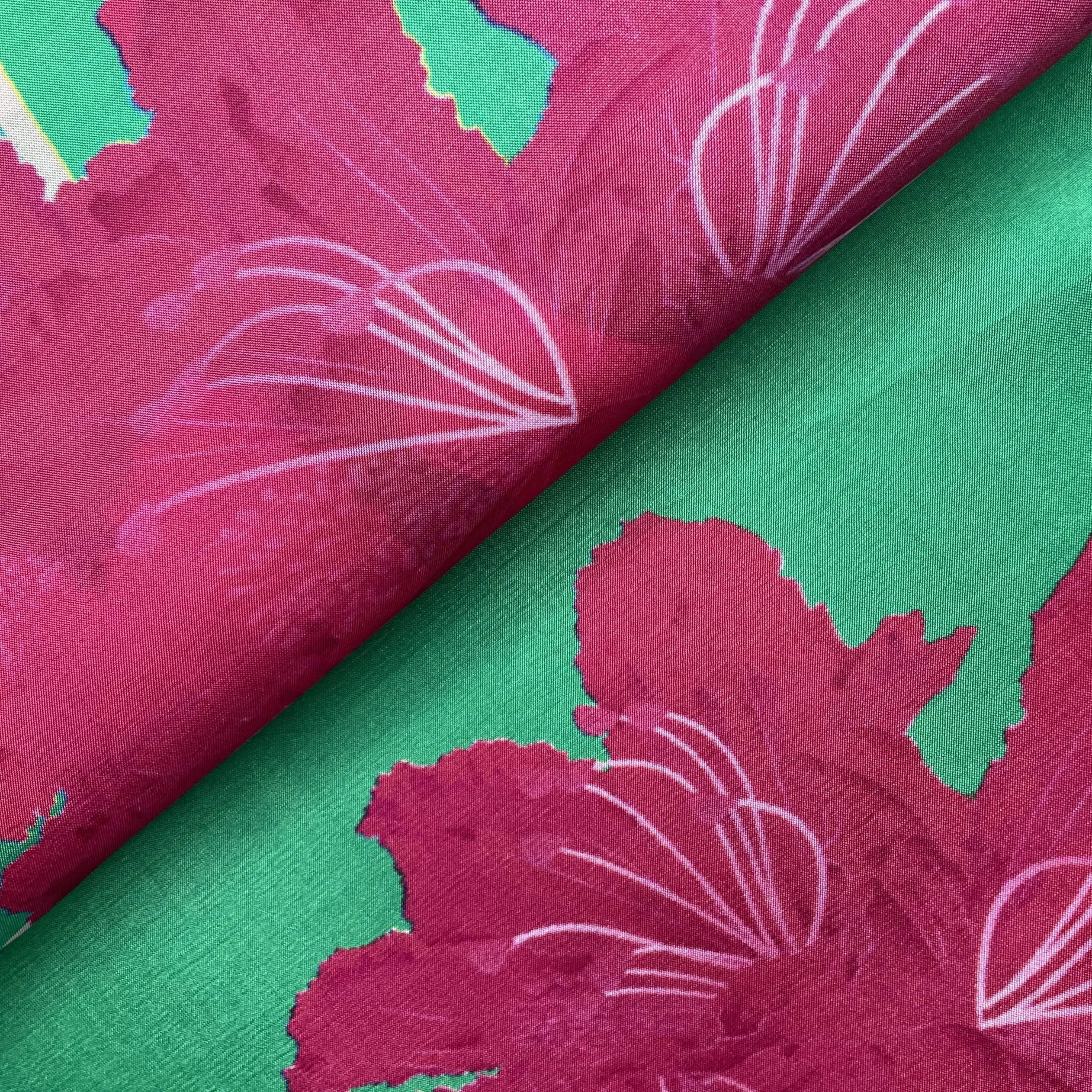 Green Floral Print Upada Silk Fabric 19617