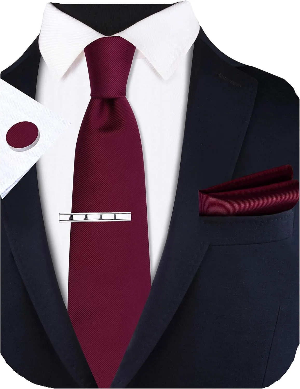 GUSLESON New 3.15"8cm Solid Color Necktie and Pocket Square Cufflinks Clip Set