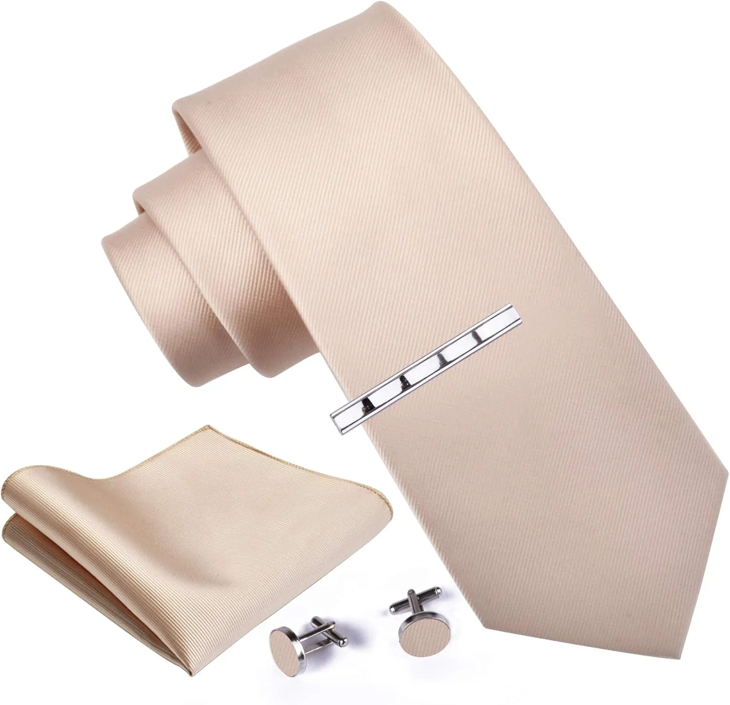 GUSLESON New 3.15"8cm Solid Color Necktie and Pocket Square Cufflinks Clip Set