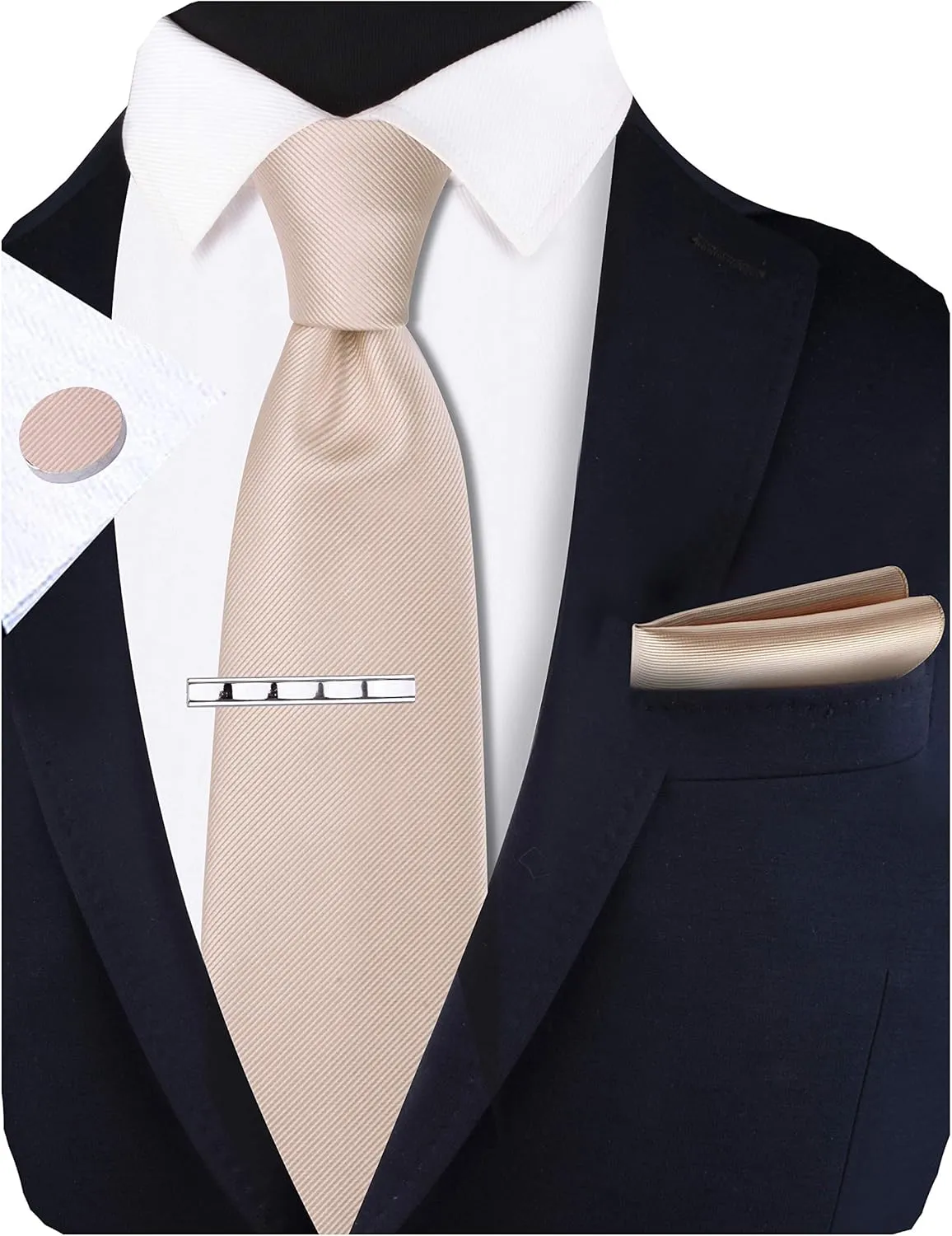 GUSLESON New 3.15"8cm Solid Color Necktie and Pocket Square Cufflinks Clip Set
