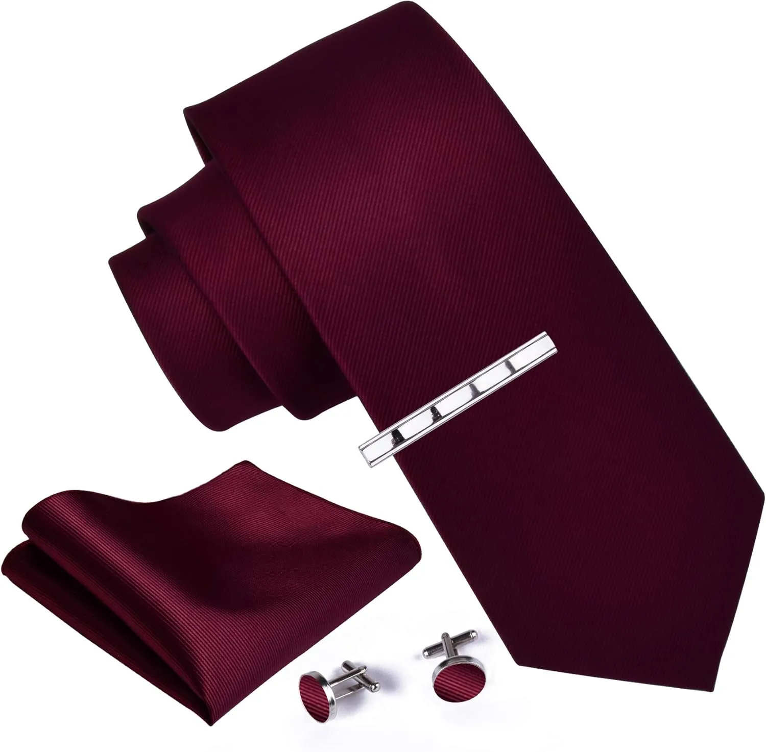 GUSLESON New 3.15"8cm Solid Color Necktie and Pocket Square Cufflinks Clip Set