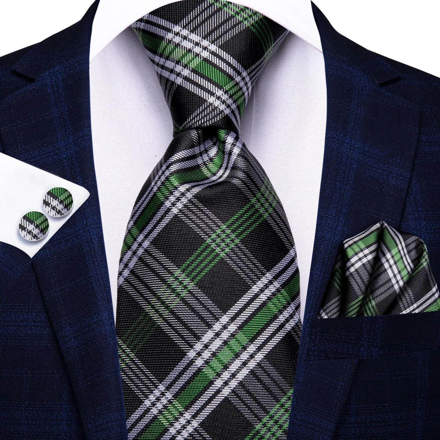 Hi-Tie Silk Ties for Men Plaid Paisley Striped Necktie Pocket Square Cufflinks Set Formal Business