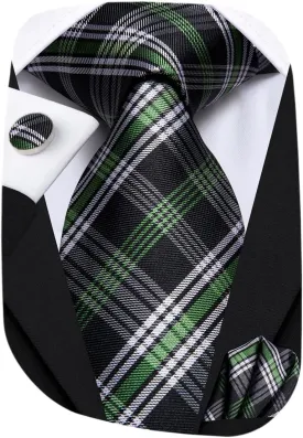 Hi-Tie Silk Ties for Men Plaid Paisley Striped Necktie Pocket Square Cufflinks Set Formal Business