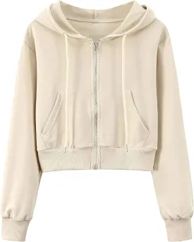 Hooever Womens Cute Workout Cropped Zip Up Drawstring Hoodie Sweatshirt Jacket