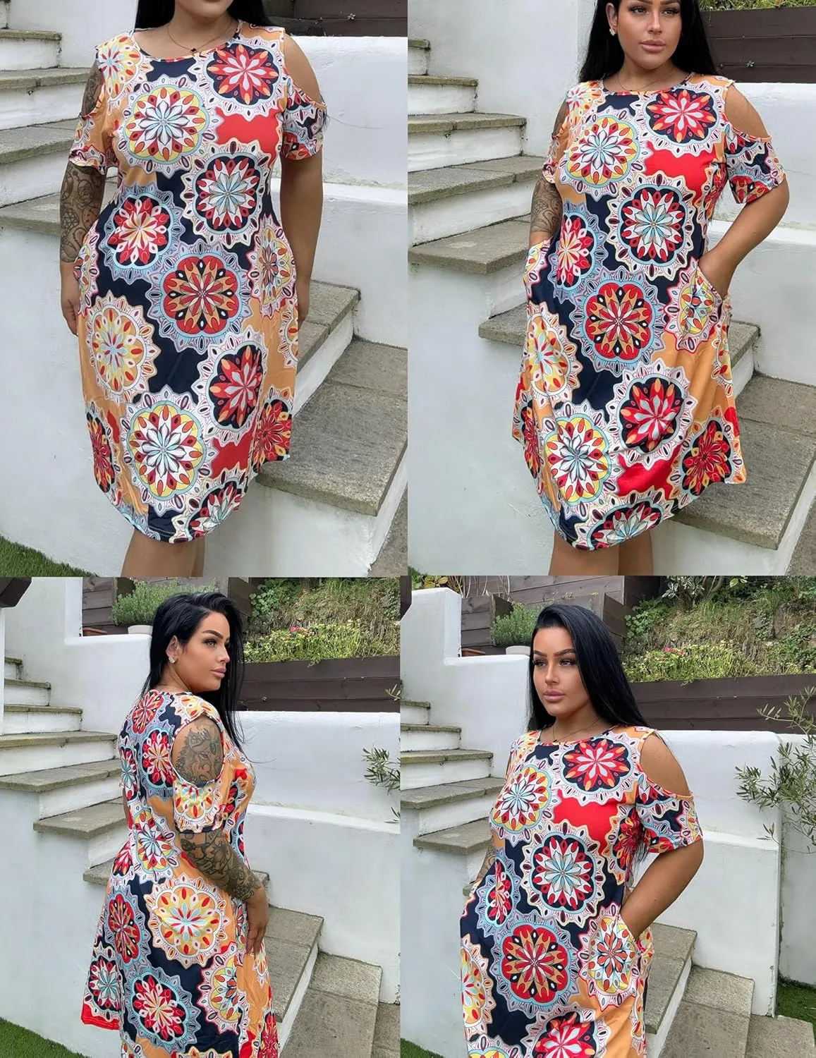 IN'VOLAND Women's Plus Size Summer Dress Short Sleeve Beach Floral Crew Neck Casual Mini Dresses with Pockets