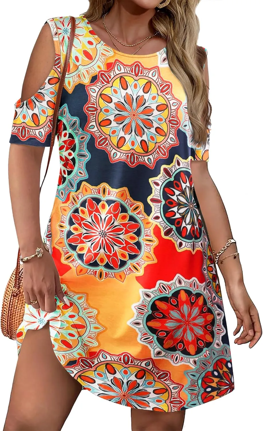 IN'VOLAND Women's Plus Size Summer Dress Short Sleeve Beach Floral Crew Neck Casual Mini Dresses with Pockets