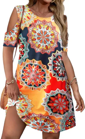 IN'VOLAND Women's Plus Size Summer Dress Short Sleeve Beach Floral Crew Neck Casual Mini Dresses with Pockets