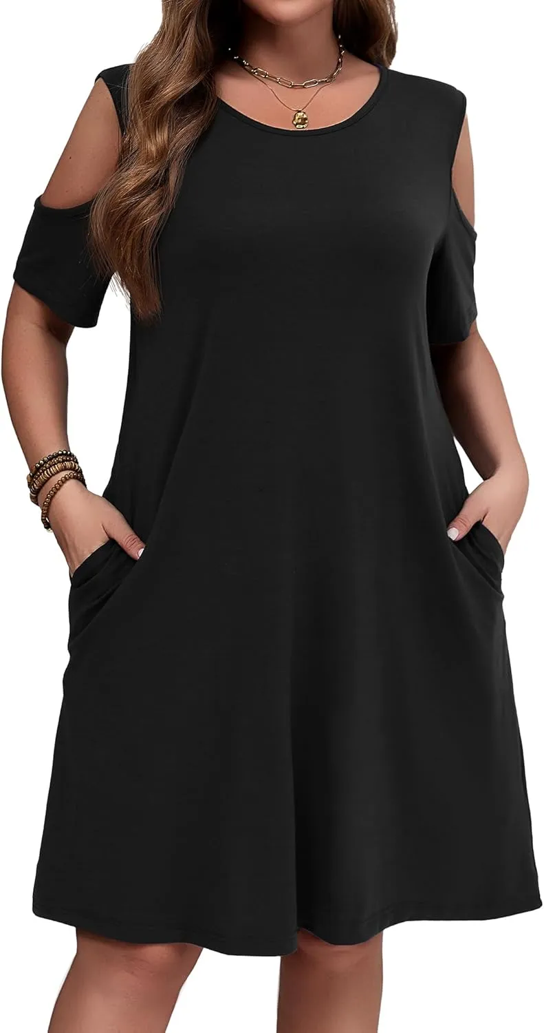IN'VOLAND Women's Plus Size Summer Dress Short Sleeve Beach Floral Crew Neck Casual Mini Dresses with Pockets