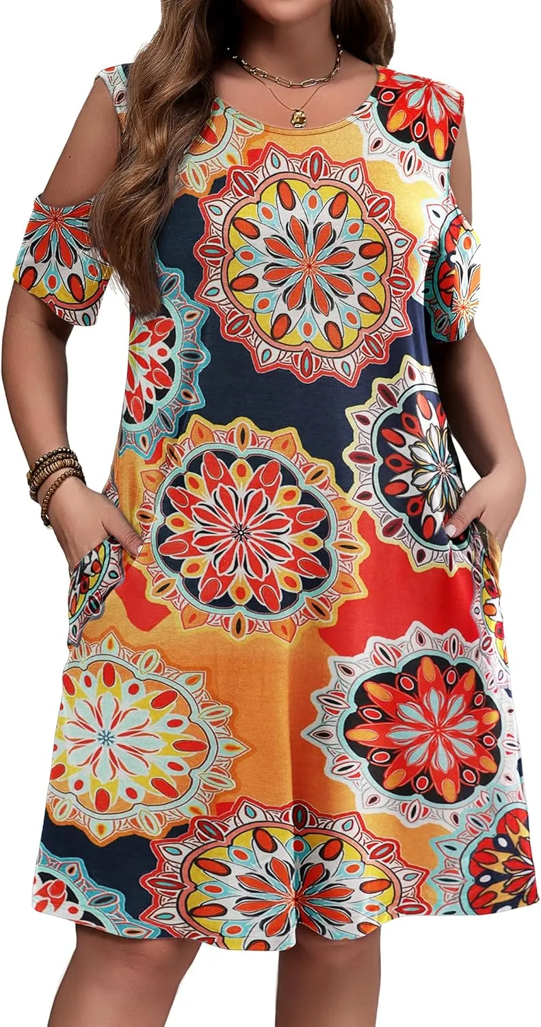 IN'VOLAND Women's Plus Size Summer Dress Short Sleeve Beach Floral Crew Neck Casual Mini Dresses with Pockets