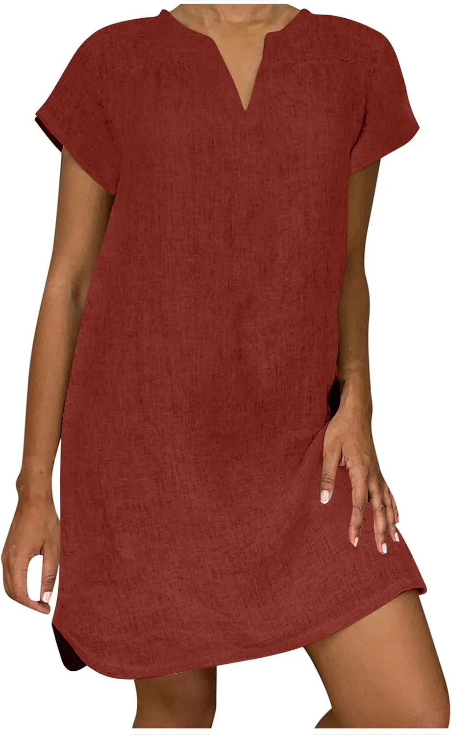 JOAU Womens Cotton Linen Shirt Dress Summer Casual Short Sleeve Notched V Neck Beach Cover Up Knee Length Vacation Dresses