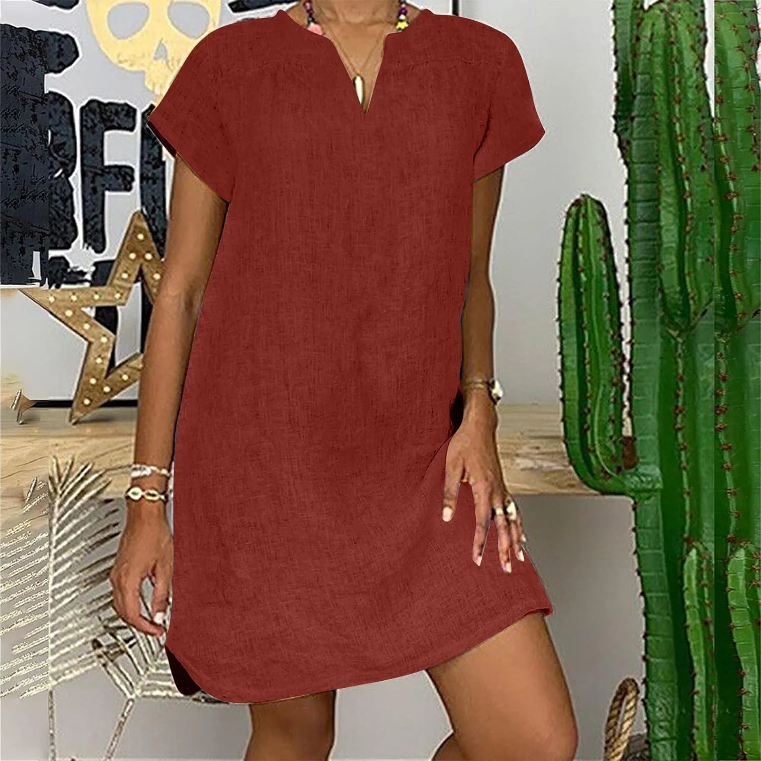 JOAU Womens Cotton Linen Shirt Dress Summer Casual Short Sleeve Notched V Neck Beach Cover Up Knee Length Vacation Dresses