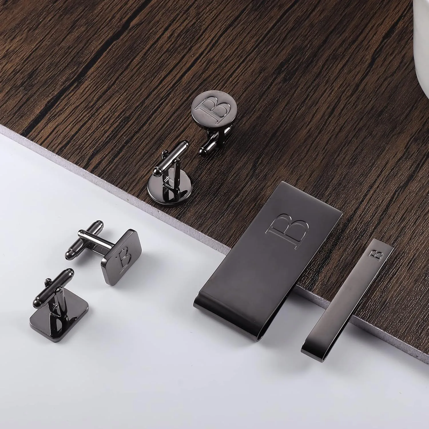JOERICA Initial Cufflinks for Men and Tie Clip Set for Men Alphabet Letter Wallet Tie Clips and Cuff Link with Gift Box For Father Husband