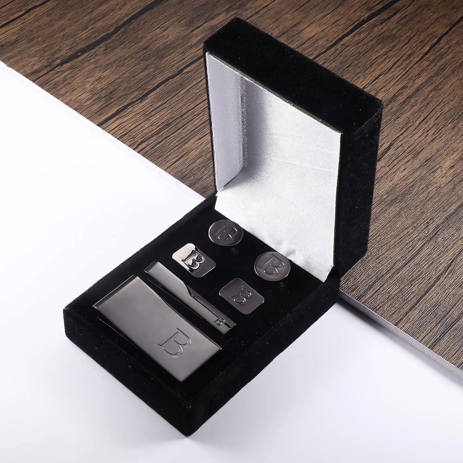 JOERICA Initial Cufflinks for Men and Tie Clip Set for Men Alphabet Letter Wallet Tie Clips and Cuff Link with Gift Box For Father Husband