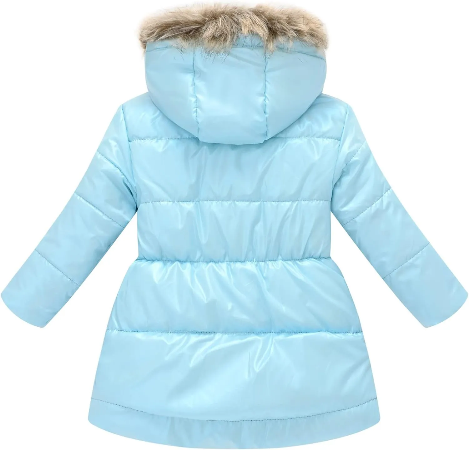 Kids Girls Medium Long Puffer Jacket Metallic Glitter Long Sleeve Winter Coat with Faux Fur Hooded