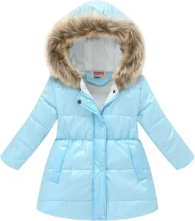 Kids Girls Medium Long Puffer Jacket Metallic Glitter Long Sleeve Winter Coat with Faux Fur Hooded