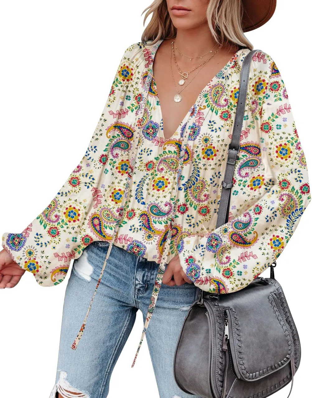 LAMISSCHE Womens Sexy Deep V Neck Blouse Lantern Long Sleeve Chiffon Shirt Oversized Drawstring Silk Satin Tunic