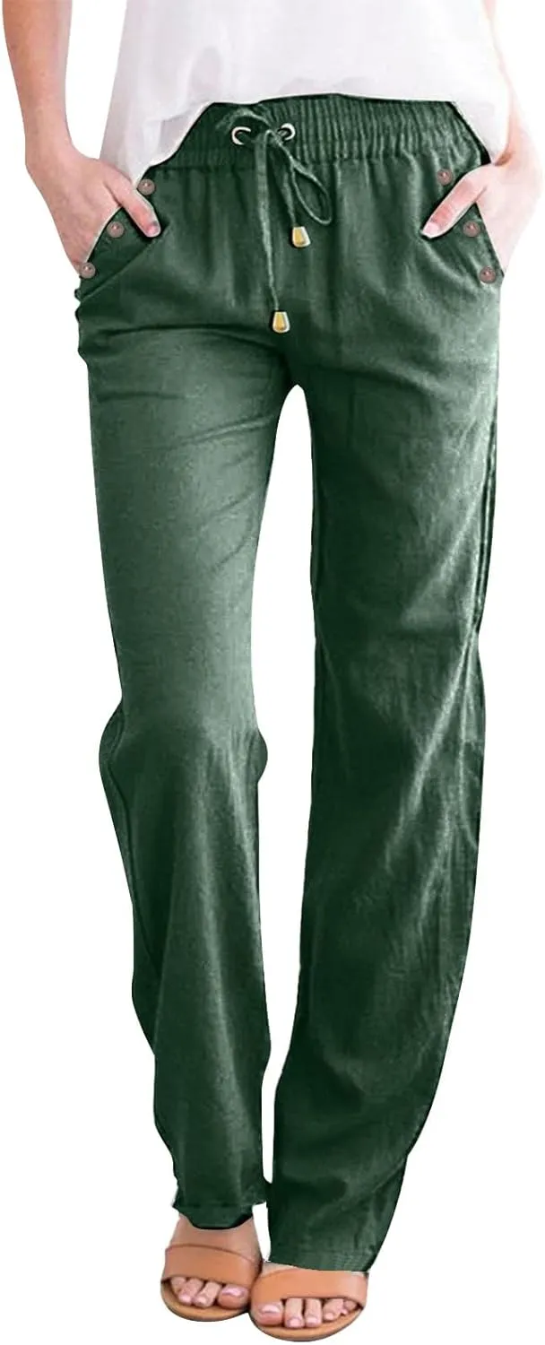 Linen Pants Women Casual Drawstring Baggy Comfy Tapered Pants Solid Color Straight Leg Trousers with Button Pockets