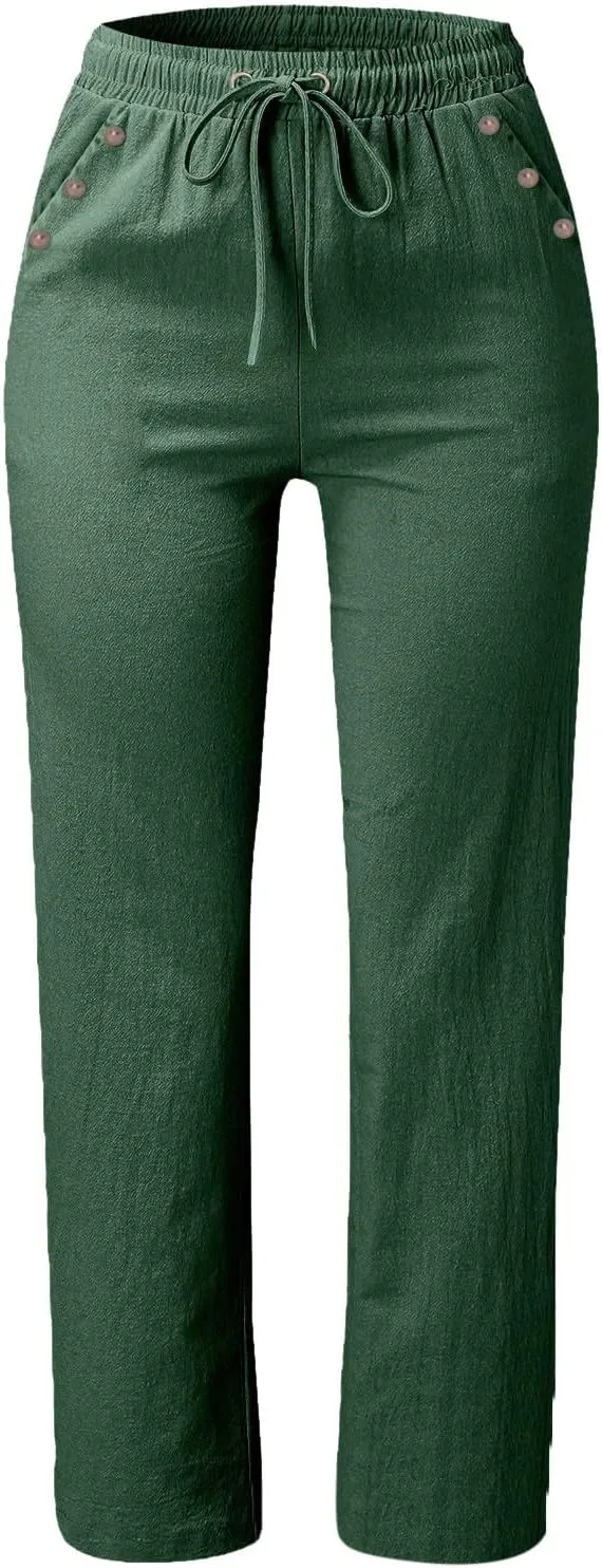Linen Pants Women Casual Drawstring Baggy Comfy Tapered Pants Solid Color Straight Leg Trousers with Button Pockets