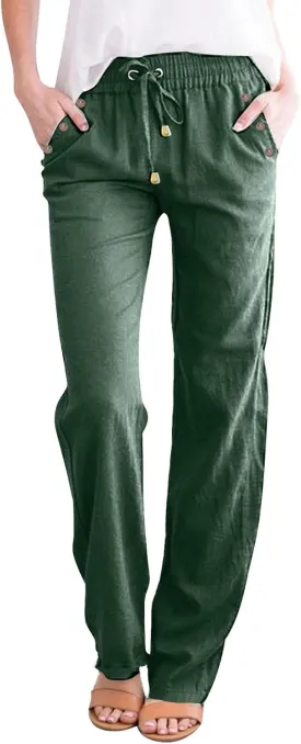Linen Pants Women Casual Drawstring Baggy Comfy Tapered Pants Solid Color Straight Leg Trousers with Button Pockets