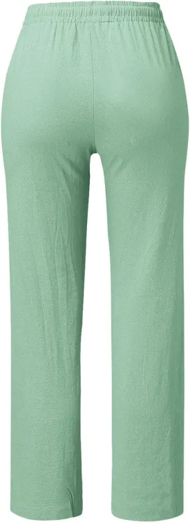 Linen Pants Women Casual Drawstring Baggy Comfy Tapered Pants Solid Color Straight Leg Trousers with Button Pockets
