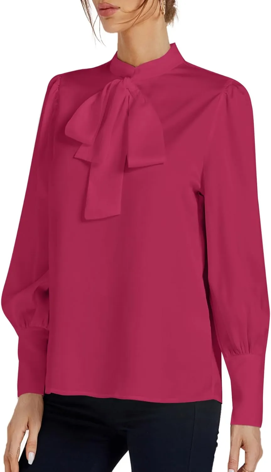 LYANER Women's Elegant Bow Tie Mock Neck Bow Knot Long Sleeve Work Office Satin Blouse Silk Shirt Top