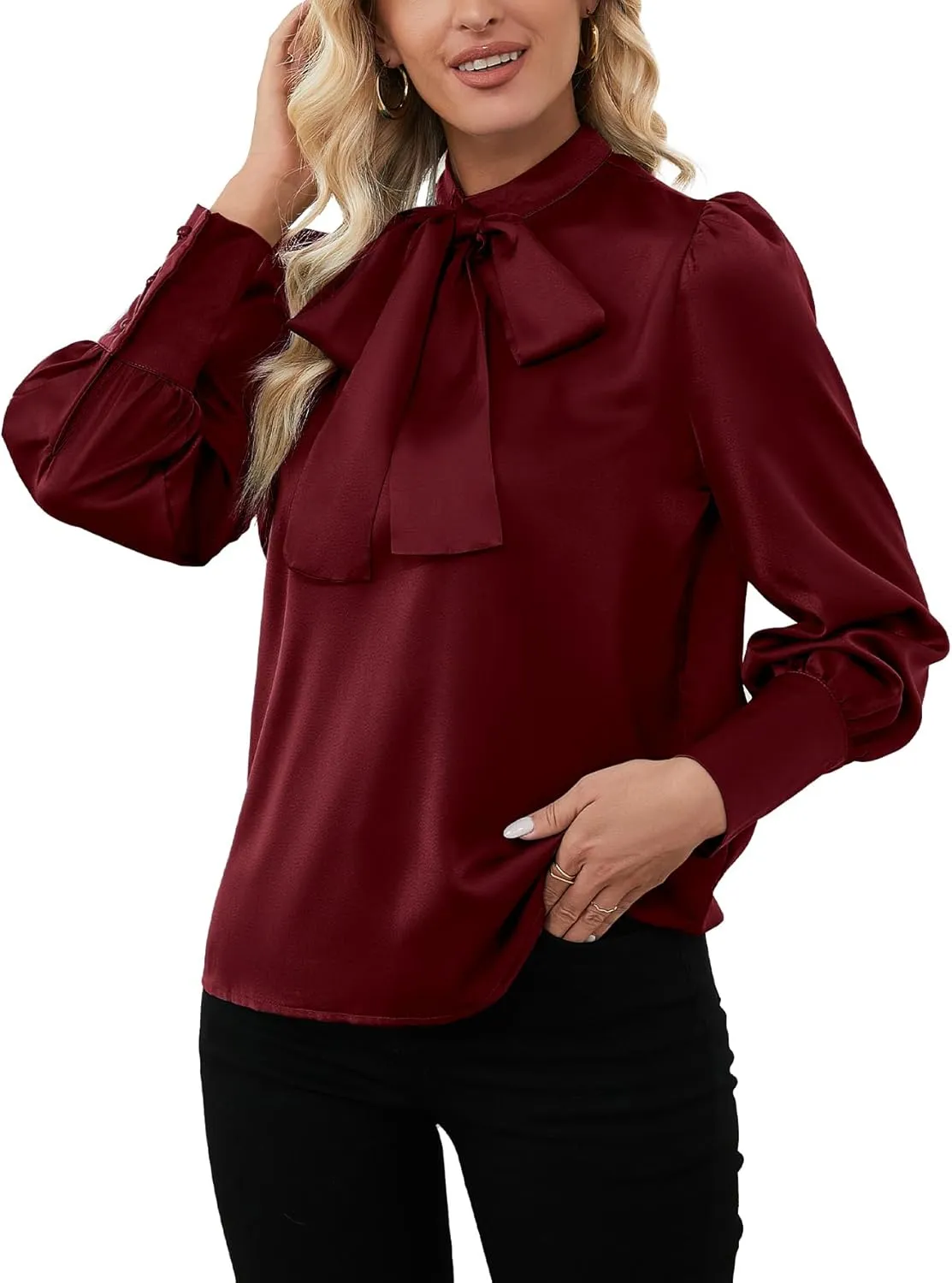 LYANER Women's Elegant Bow Tie Mock Neck Bow Knot Long Sleeve Work Office Satin Blouse Silk Shirt Top