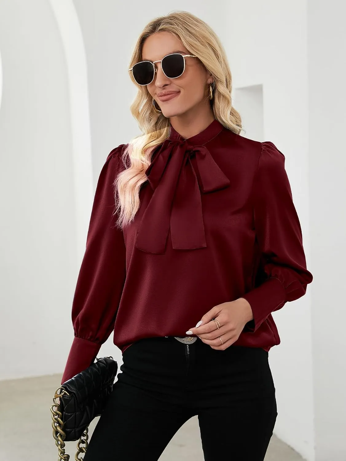 LYANER Women's Elegant Bow Tie Mock Neck Bow Knot Long Sleeve Work Office Satin Blouse Silk Shirt Top