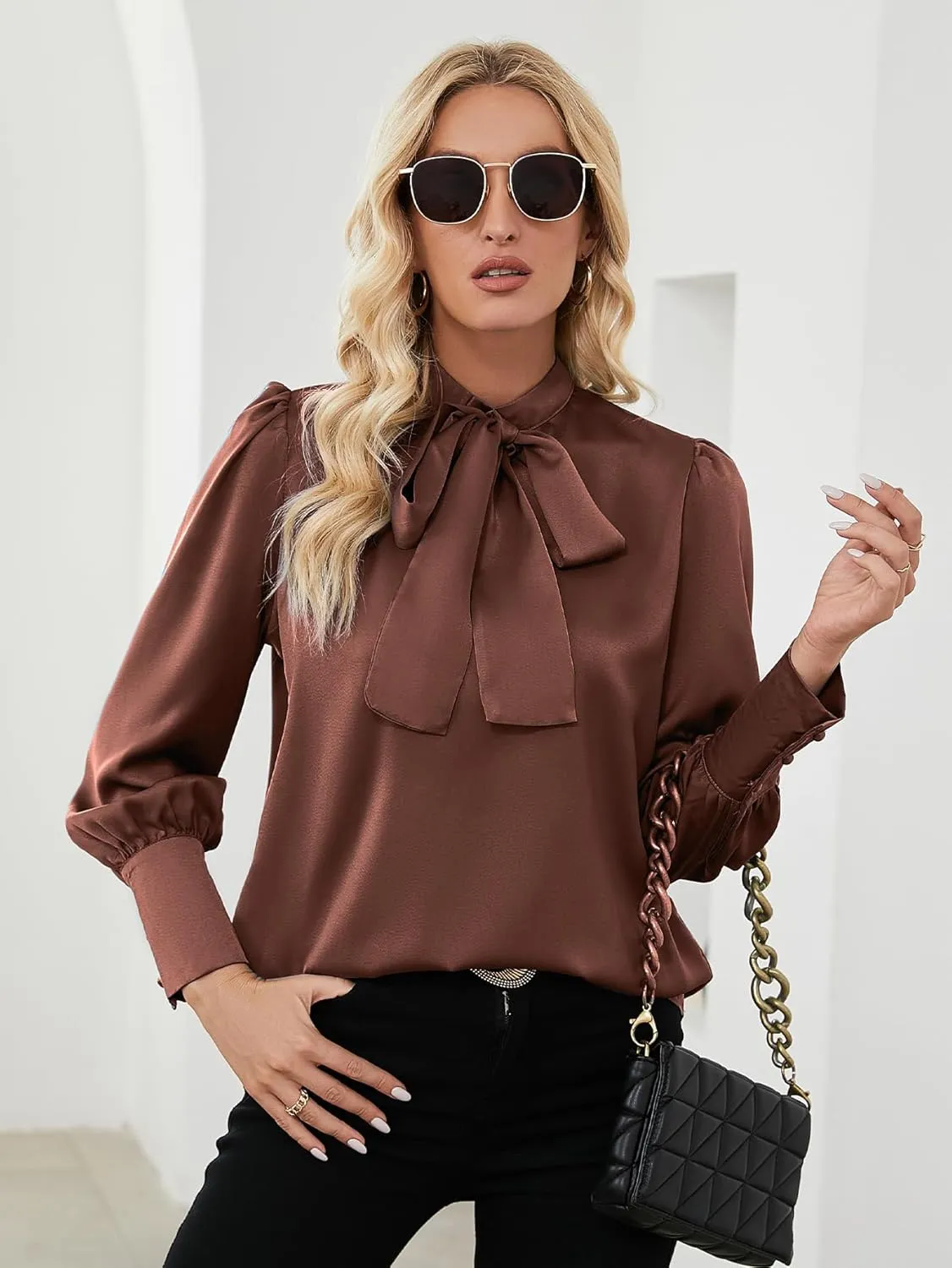 LYANER Women's Elegant Bow Tie Mock Neck Bow Knot Long Sleeve Work Office Satin Blouse Silk Shirt Top