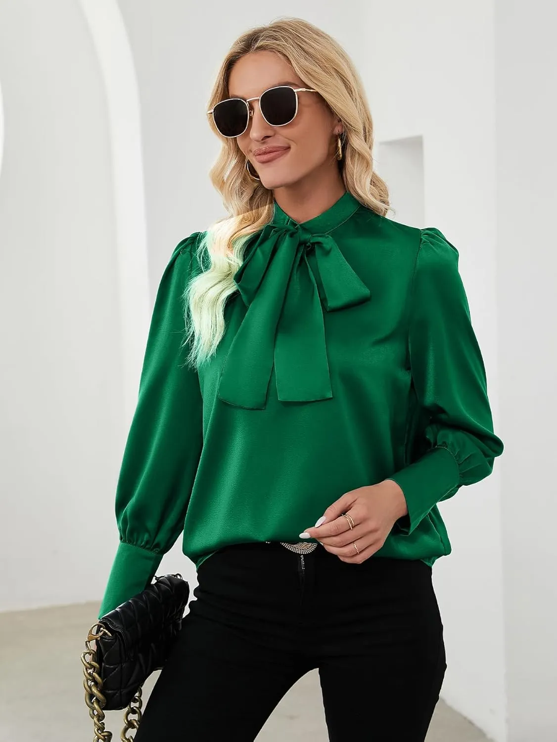 LYANER Women's Elegant Bow Tie Mock Neck Bow Knot Long Sleeve Work Office Satin Blouse Silk Shirt Top