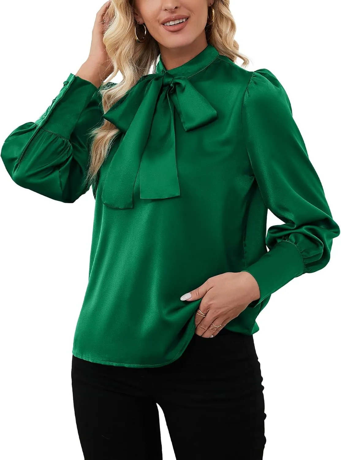 LYANER Women's Elegant Bow Tie Mock Neck Bow Knot Long Sleeve Work Office Satin Blouse Silk Shirt Top