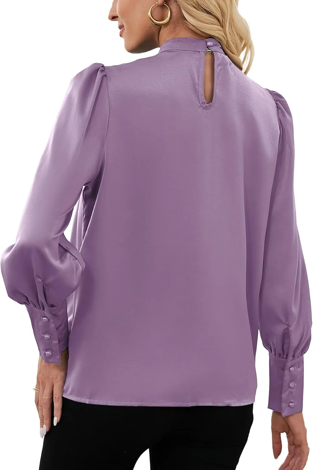 LYANER Women's Elegant Bow Tie Mock Neck Bow Knot Long Sleeve Work Office Satin Blouse Silk Shirt Top