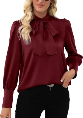 LYANER Women's Elegant Bow Tie Mock Neck Bow Knot Long Sleeve Work Office Satin Blouse Silk Shirt Top