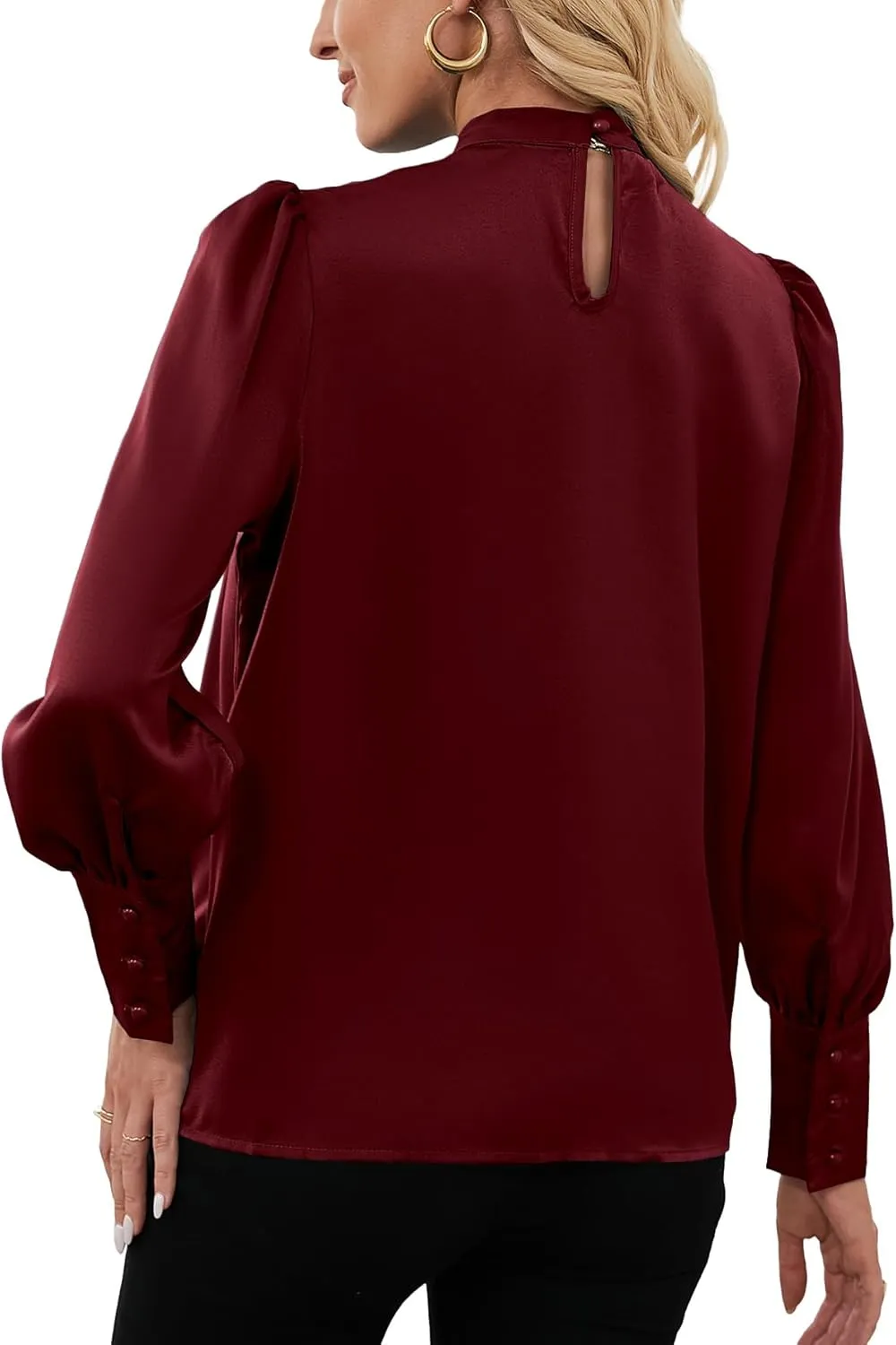 LYANER Women's Elegant Bow Tie Mock Neck Bow Knot Long Sleeve Work Office Satin Blouse Silk Shirt Top