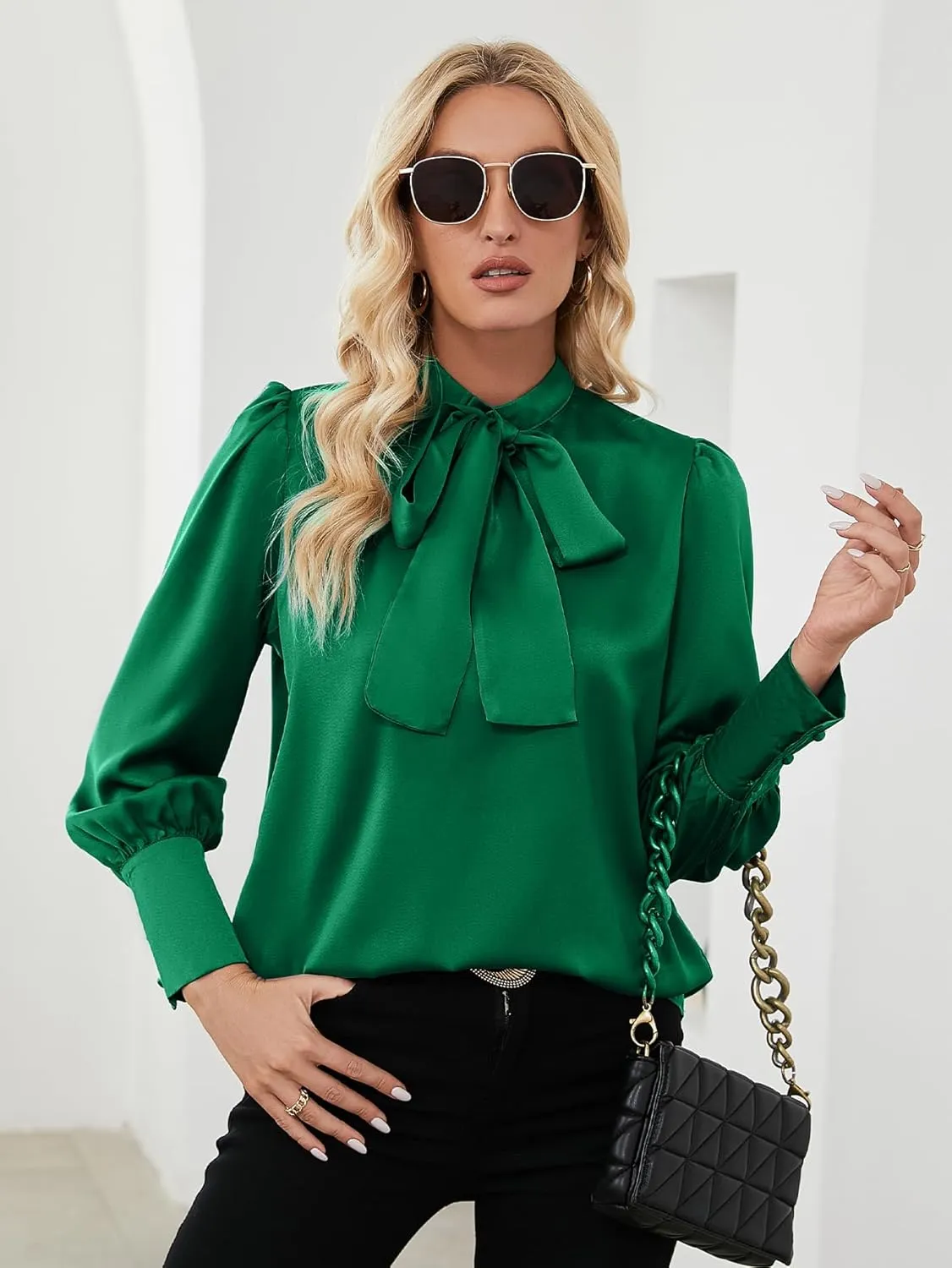 LYANER Women's Elegant Bow Tie Mock Neck Bow Knot Long Sleeve Work Office Satin Blouse Silk Shirt Top
