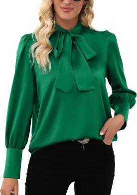 LYANER Women's Elegant Bow Tie Mock Neck Bow Knot Long Sleeve Work Office Satin Blouse Silk Shirt Top