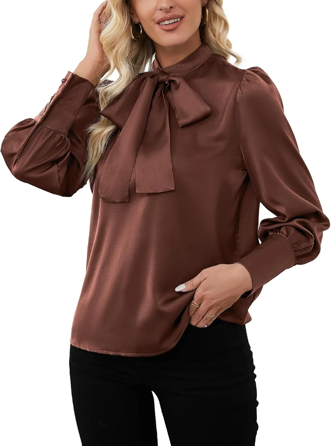 LYANER Women's Elegant Bow Tie Mock Neck Bow Knot Long Sleeve Work Office Satin Blouse Silk Shirt Top