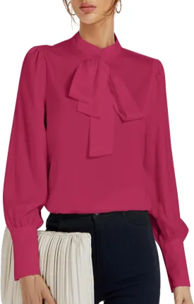 LYANER Women's Elegant Bow Tie Mock Neck Bow Knot Long Sleeve Work Office Satin Blouse Silk Shirt Top