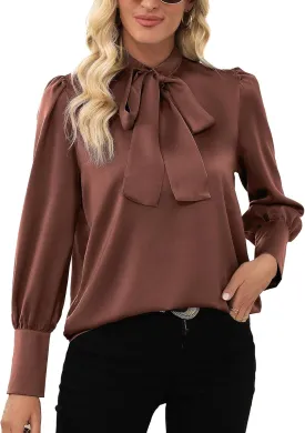 LYANER Women's Elegant Bow Tie Mock Neck Bow Knot Long Sleeve Work Office Satin Blouse Silk Shirt Top