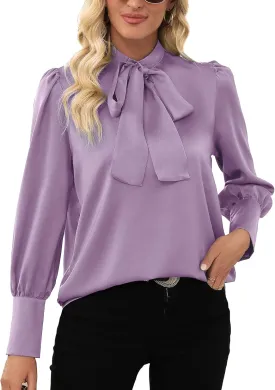 LYANER Women's Elegant Bow Tie Mock Neck Bow Knot Long Sleeve Work Office Satin Blouse Silk Shirt Top
