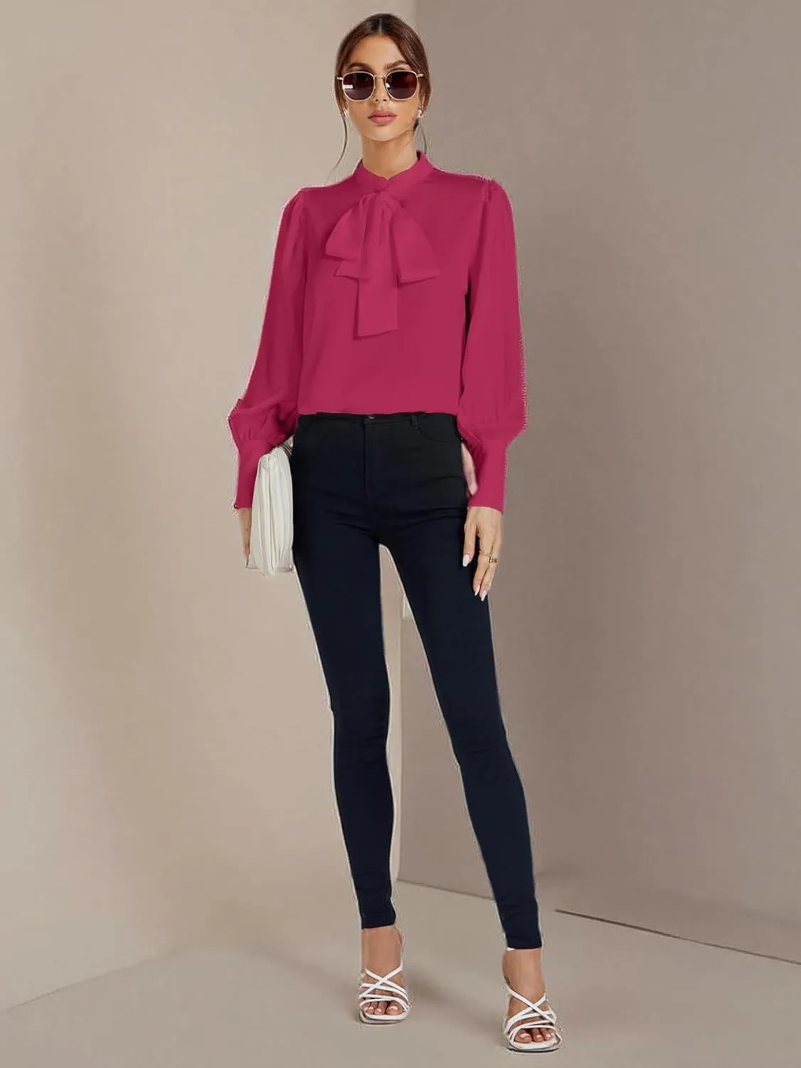 LYANER Women's Elegant Bow Tie Mock Neck Bow Knot Long Sleeve Work Office Satin Blouse Silk Shirt Top