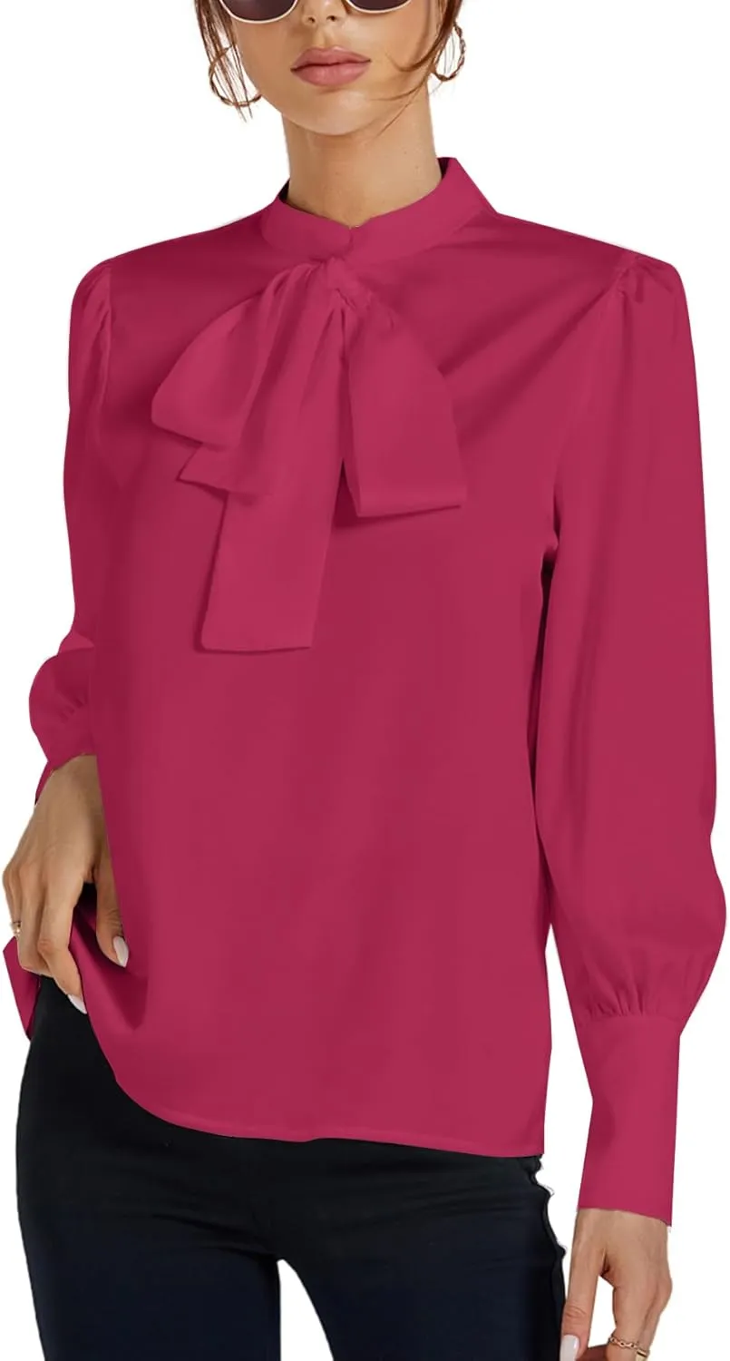 LYANER Women's Elegant Bow Tie Mock Neck Bow Knot Long Sleeve Work Office Satin Blouse Silk Shirt Top