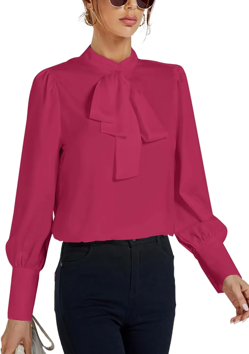 LYANER Women's Elegant Bow Tie Mock Neck Bow Knot Long Sleeve Work Office Satin Blouse Silk Shirt Top